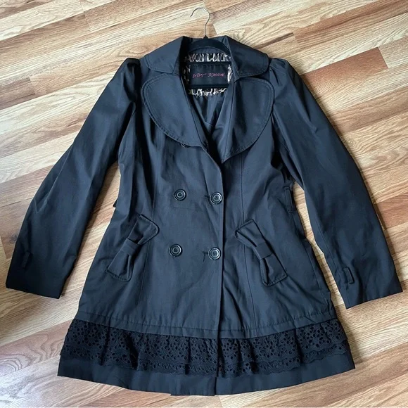 Betsey Johnson Black Trench Coat with Ruffled Hem - Picture 1 of 10